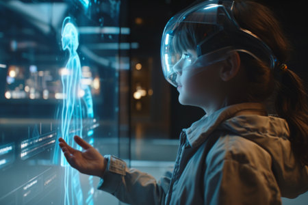 A child interacting with a holographic teacher AI generatedの素材