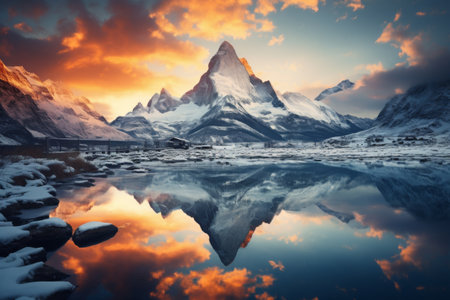 Mountain lake in Himalayas at sunset, perfect reflection at sunrise, snowy mountains, hills, fog over the lake AI generatedの素材
