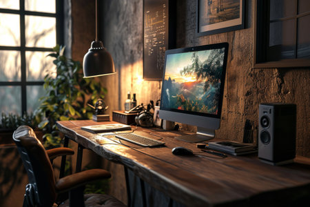 3d computer workstation with desk in room, 3D image of office desk and chair. Minimalist style AI generatedの素材