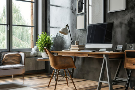 3d computer workstation with desk in room, 3D image of office desk and chair. Minimalist style AI generatedの素材