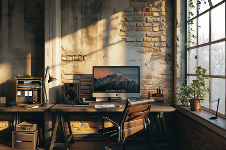 3d computer workstation with desk in room, 3D image of office desk and chair. Minimalist style AI generatedの素材