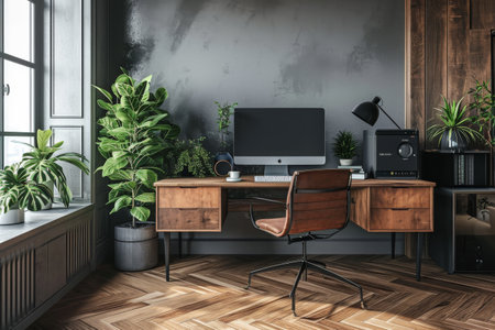 3d computer workstation with desk in room, 3D image of office desk and chair. Minimalist style AI generatedの素材