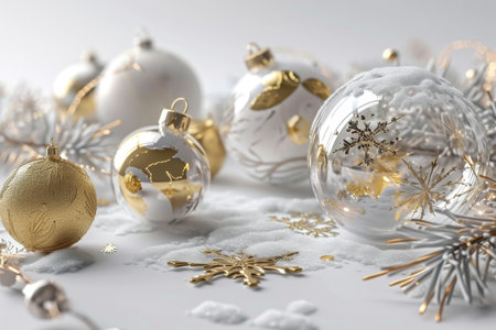 3d render. Winter holiday wallpaper. Festive white and gold Christmas ornaments and baubles. Empty glass snow ball isolated on white background AI generatedの素材
