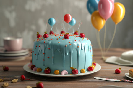 3d view of delicious birthday cake with balloons, birthday cake with candle and balloons AI generatedの素材