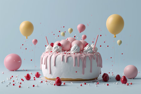 3d view of delicious birthday cake with balloons, birthday cake with candle and balloons AI generatedの素材