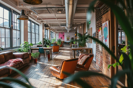 A bustling creative agency with vibrant artwork bean bags and collaborative workspaces AI generatedの素材