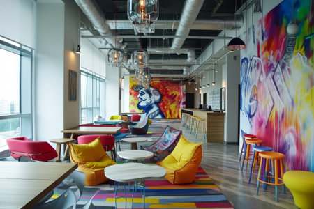 A bustling creative agency with vibrant artwork bean bags and collaborative workspaces AI generatedの素材