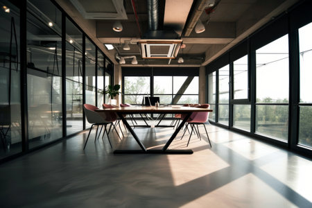 A modern office with a large window and a table with chairs and a plant on it AI generatedの素材