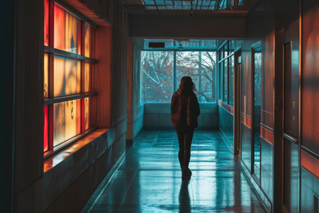 A person stands in a hallway with a window, businessman standing in front of a building AI generatedの素材