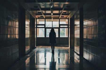 A person stands in a hallway with a window, Thoughtful engineer standing near glass window in office corridor, AI generatedの素材