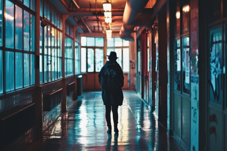 A person stands in a hallway with a window, Thoughtful engineer standing near glass window in office corridor, AI generatedの素材