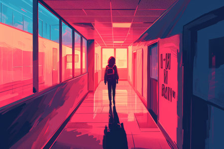 A person stands in a hallway with a window, Thoughtful engineer standing near glass window in office corridor, AI generatedの素材