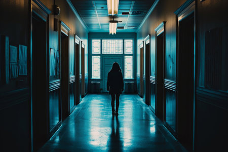 A person stands in a hallway with a window, Thoughtful engineer standing near glass window in office corridor, AI generatedの素材
