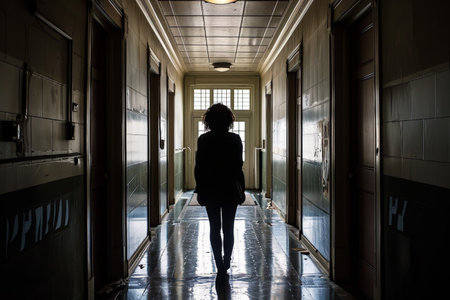 A person stands in a hallway with a window, Thoughtful engineer standing near glass window in office corridor, AI generatedの素材