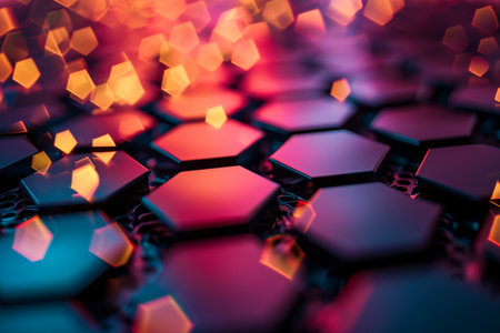 Abstract background hexagon pattern with glowing lights, Luxury hexagonal abstract black and gold metal background AI generatedの素材