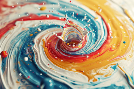 Abstract circle liquid motion flow explosion. Curved wave colorful pattern with paint drops on white background AI generatedの素材