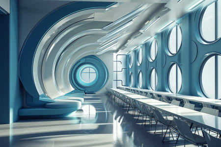 Abstract futuristic school classroom, Futuristic classroom in school of the future. Classroom for classes or lectures AI generatedの素材
