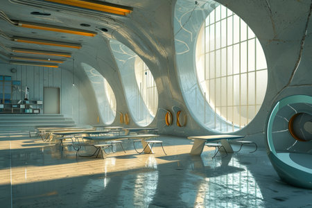 Abstract futuristic school classroom, Futuristic classroom in school of the future. Classroom for classes or lectures AI generatedの素材