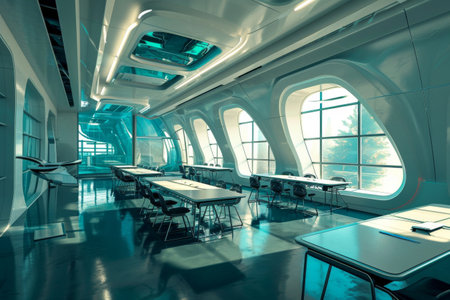 Abstract futuristic school classroom, Futuristic classroom in school of the future. Classroom for classes or lectures AI generatedの素材