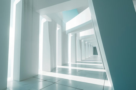 Beautiful airy widescreen minimalistic white and light blue architectural background banner with tilted columns AI generatedの素材