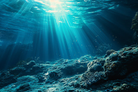 Beautiful blue ocean background with sunlight and undersea scene, beautiful blue ocean background with sunlight and undersea Ai generatedの素材