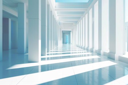 Beautiful airy widescreen minimalistic white and light blue architectural background banner with tilted columns AI generatedの素材