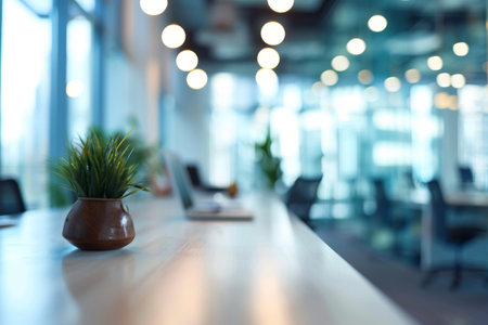 Blurred empty open space office Abstract light bokeh at office interior background for design, Blurred empty open space office. Abstract light bokeh at office interior background AI generatedの素材