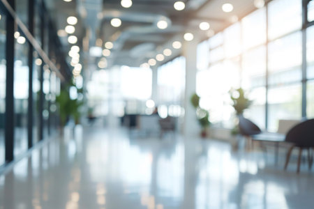Blurred empty open space office Abstract light bokeh at office interior background for design, Blurred empty open space office. Abstract light bokeh at office interior background AI generatedの素材