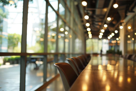 Blurred empty open space office Abstract light bokeh at office interior background for design AI generatedの素材