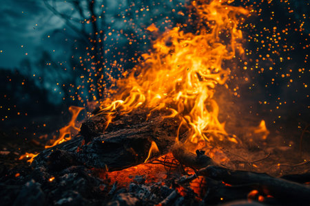 Bright yellow fire blazing against night sky, Immerse yourself in the dynamic contrast of a blazing yellow fire against the backdrop of a velvety night sky AI generatedの素材