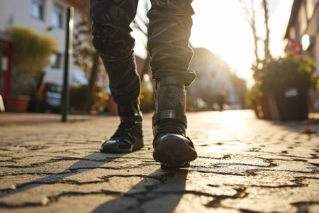 Disabled young man with prosthetic legs walking in the street AI generatedの素材