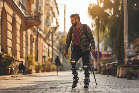 Disabled young man with prosthetic legs walking in the street AI generatedの素材