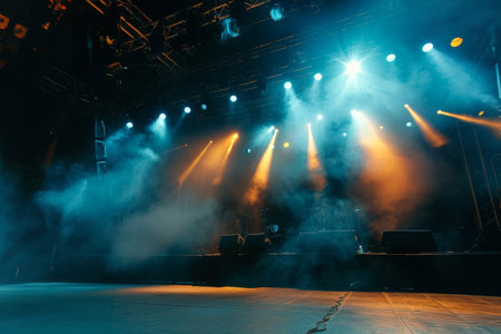 Empty concert stage with illuminated spotlights and smoke. Stage background with copy space AI generatedの素材