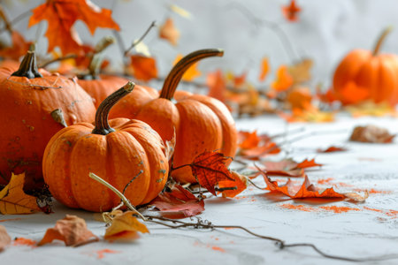 Fall background with orange pumpkins and fall leaves on a light surface, Pumpkins and autumn leaves on wooden planks with copy space AI generatedの素材