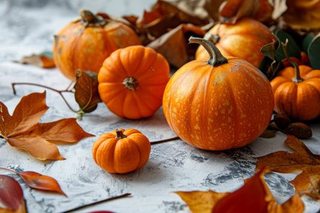 Fall background with orange pumpkins and fall leaves on a light surface, Pumpkins and autumn leaves on wooden planks with copy space AI generatedの素材