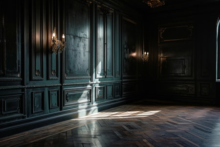 Empty elegant dark room at night with copy space, Blank wall and copy space in empty elegant dark room at night AI generatedの素材