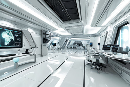 Futuristic office design with modern technology equipment, Futuristic technology open space office interior AI generatedの素材