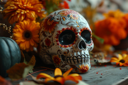 gloomy sea of screams and floral skulls , Gloomy and scary background for Halloween, Day of the Dead. Halloween concept AI generatedの素材