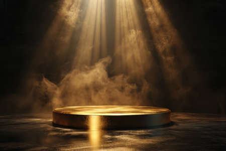 Gold podium on dark background with smoke. Empty pedestal for award ceremony. Platform illuminated by spotlights AI generatedの素材
