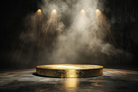 Gold podium on dark background with smoke. Empty pedestal for award ceremony. Platform illuminated by spotlights AI generatedの素材