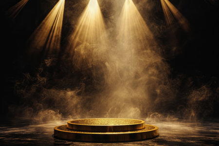 Gold podium on dark background with smoke. Empty pedestal for award ceremony. Platform illuminated by spotlights AI generatedの素材