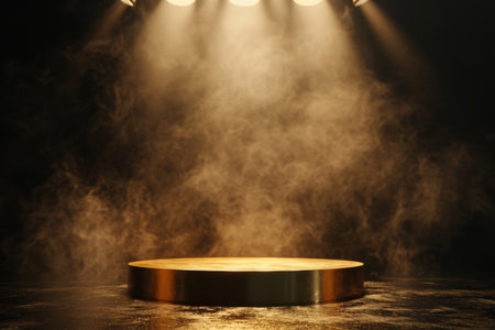 Gold podium on dark background with smoke. Empty pedestal for award ceremony. Platform illuminated by spotlights AI generatedの素材
