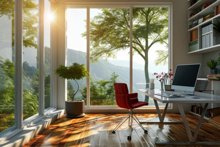 High resolution realistic home office with window view, A realistic digital isolated house background AI generatedの素材