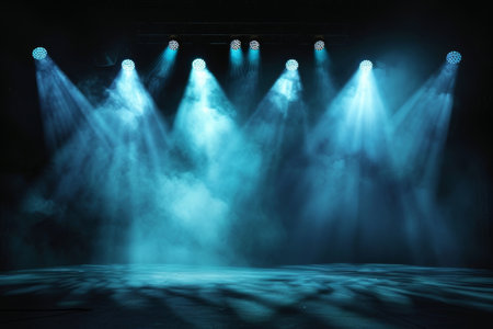 Illuminated stage with scenic lights and smoke. Blue vector spotlight with smoke volume light effect on black background. Stadium cloudiness projector, Generative AI generatedの素材