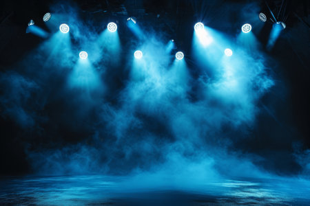 Illuminated stage with scenic lights and smoke. Blue vector spotlight with smoke volume light effect on black background. Stadium cloudiness projector, Generative AI generatedの素材