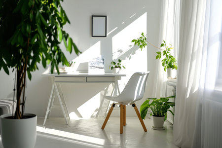 Minimalist home office you'll find a white desk a green plant and abundant natural light AI generatedの素材