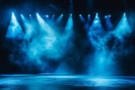 Illuminated stage with scenic lights and smoke. Blue vector spotlight with smoke volume light effect on black background. Stadium cloudiness projector, Generative AI generatedの素材