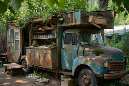 Old rusty truck in the garden. The concept of an abandoned house.の素材