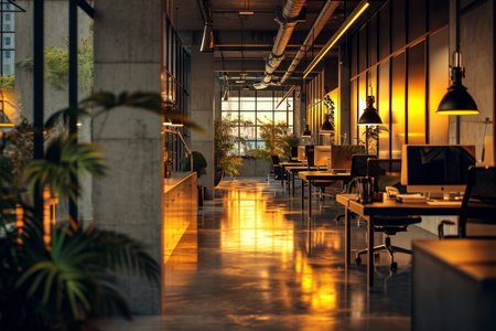 Interior light glowing office, modern natural material and creative design working space working room in modern office interior design AI generatedの素材
