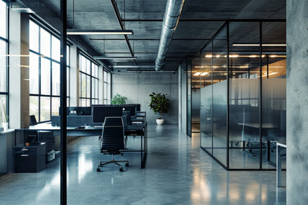 Modern futuristic office space with sleek glass partitions ergonomic workstations AI generatedの素材